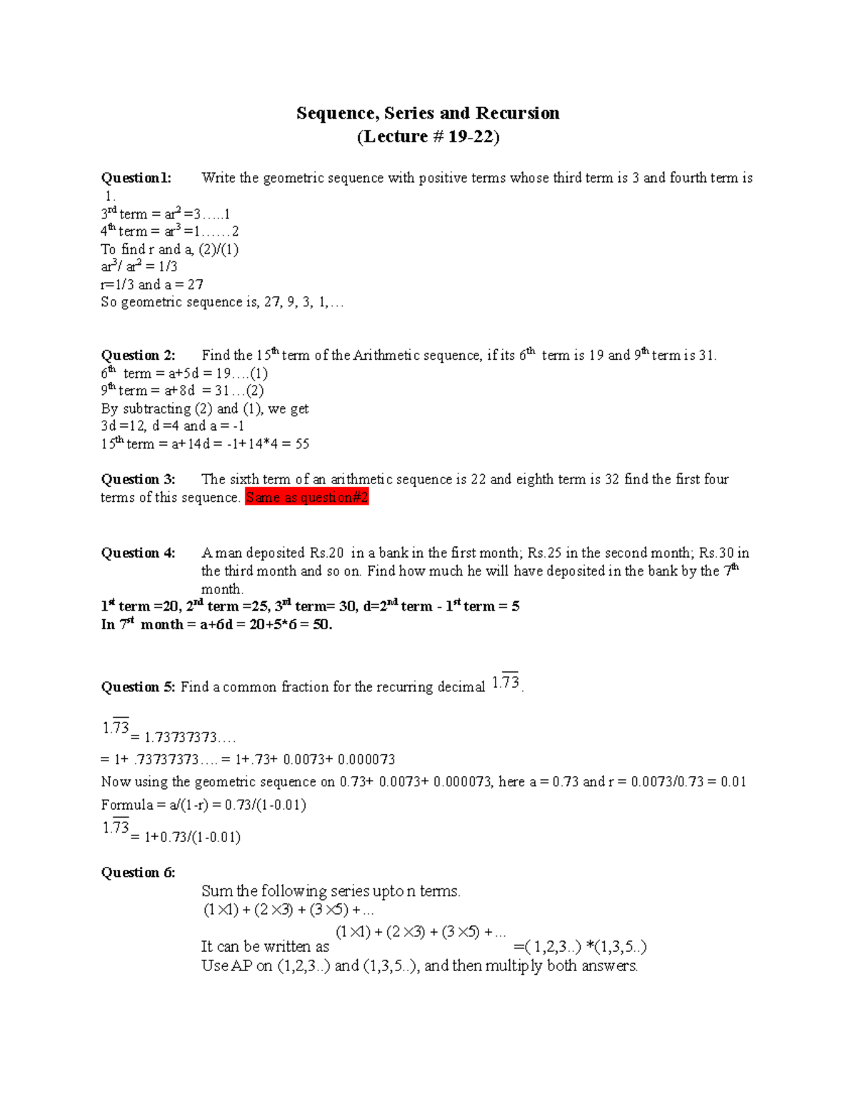 Solution of Practice questions Sequence and Series (19 -22) Updated ...
