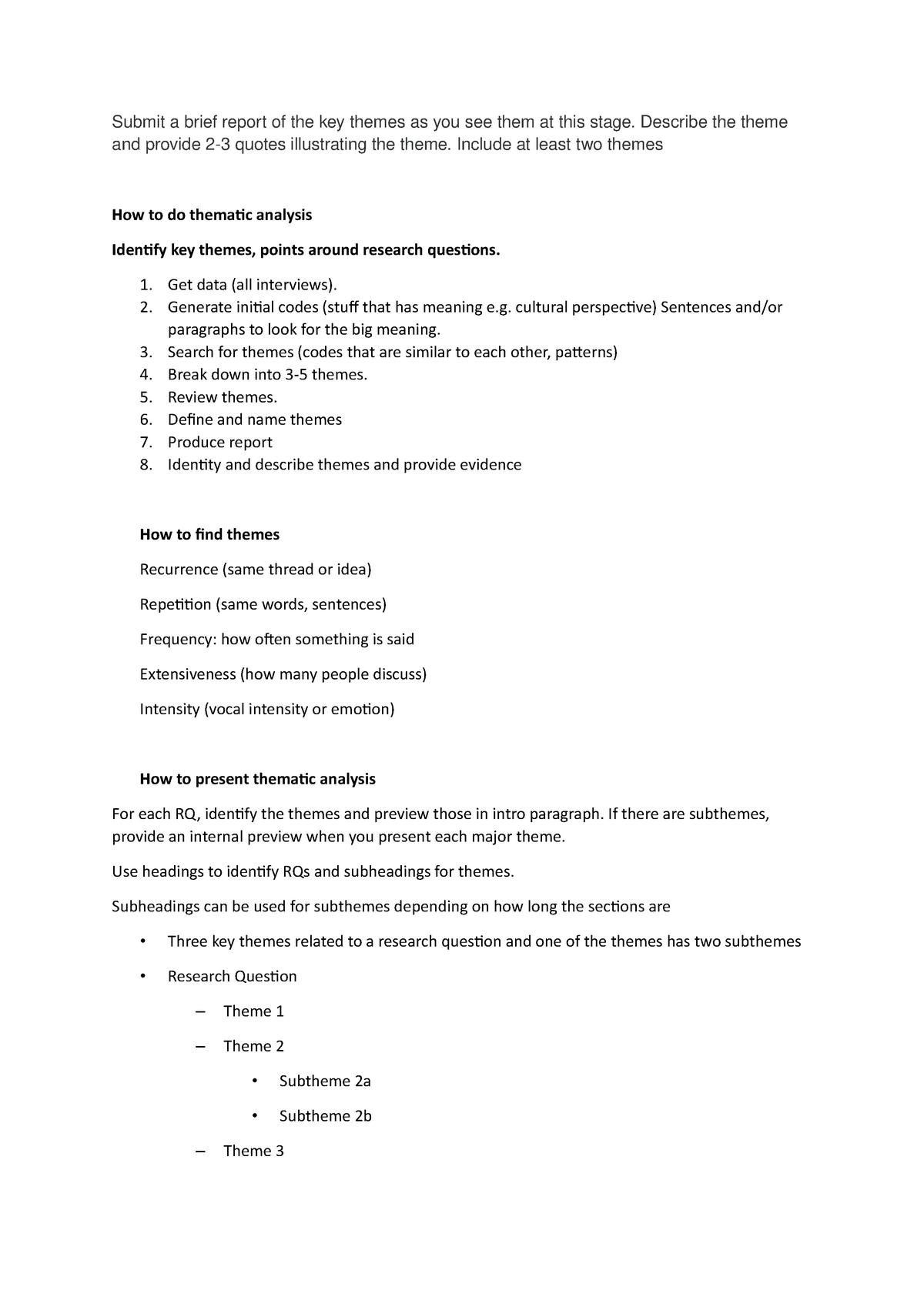 Thematic analysis instructions - Submit a brief report of the key ...