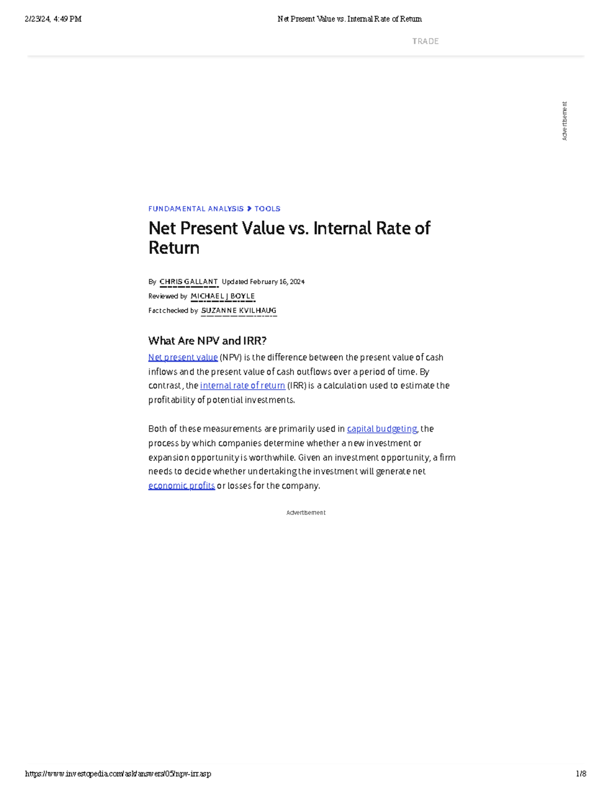 Net Present Value Vs. Internal Rate Of Return - FUNDAMENTAL ANALYSIS ...