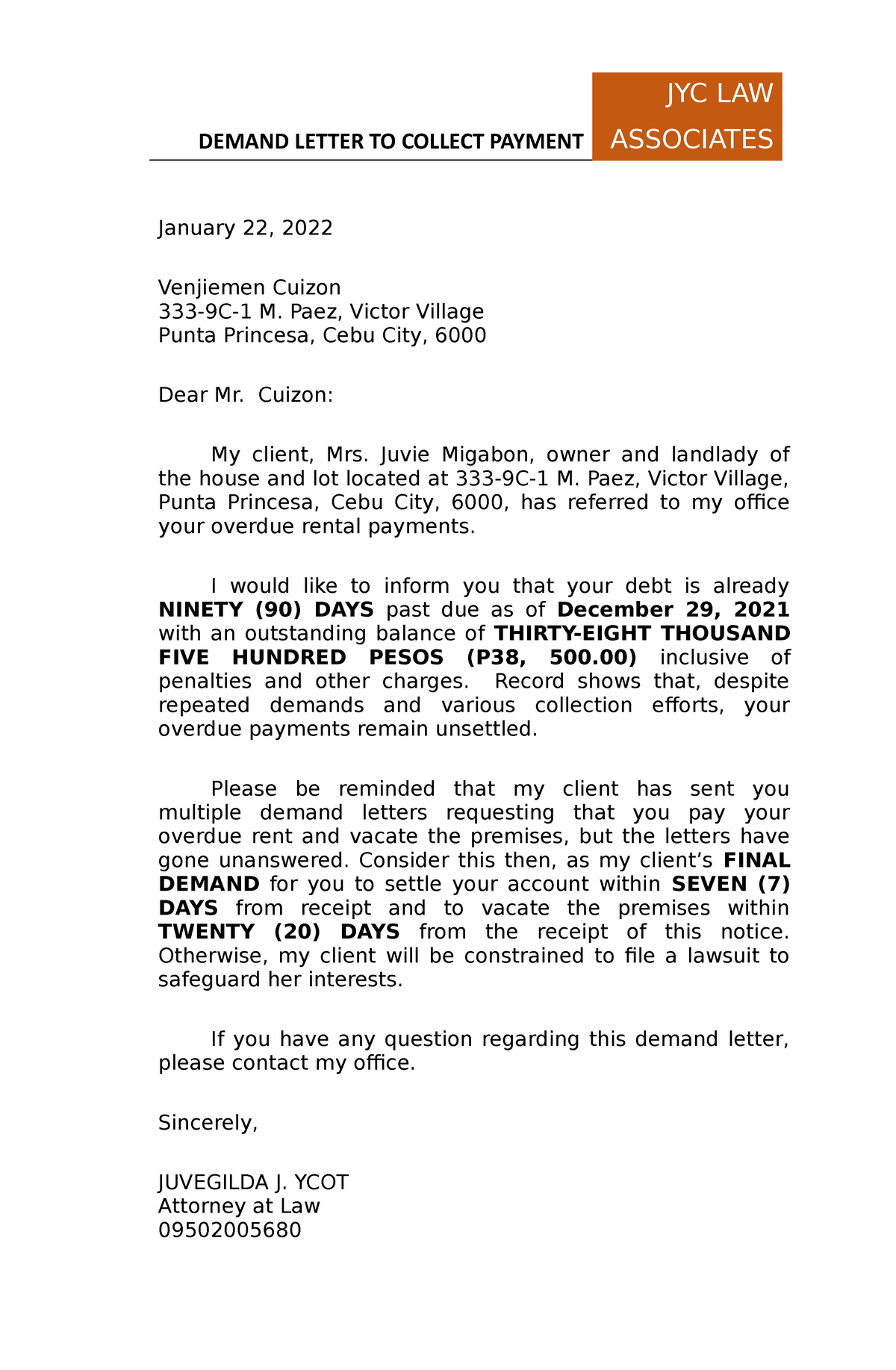 Demand Letter Sample DEMAND LETTER TO COLLECT PAYMENT JYC LAW 