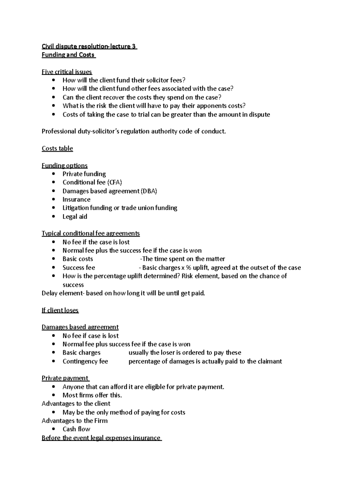 Civil dispute resolution - Civil dispute resolution-lecture 3 Funding ...