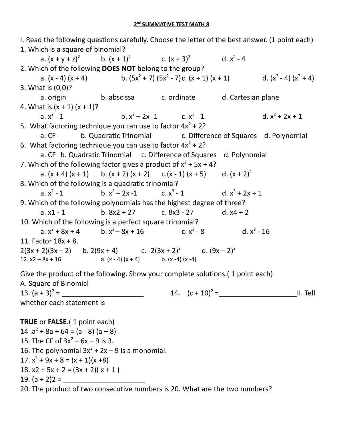 2nd Summative TEST MATH 8 - 2 nd SUMMATIVE TEST MATH 8 I. Read the ...