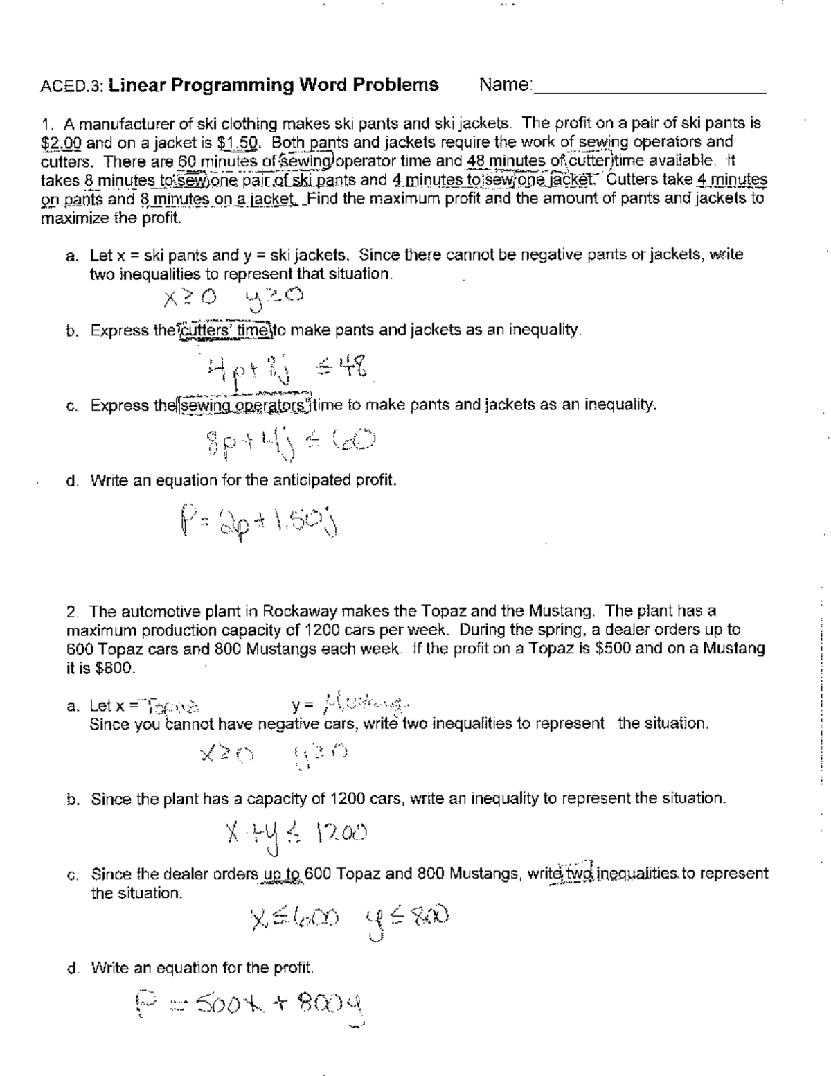 1.26.16 ACED.3 Linear Programming Word Problems Answer Key - MGMT8300 ...