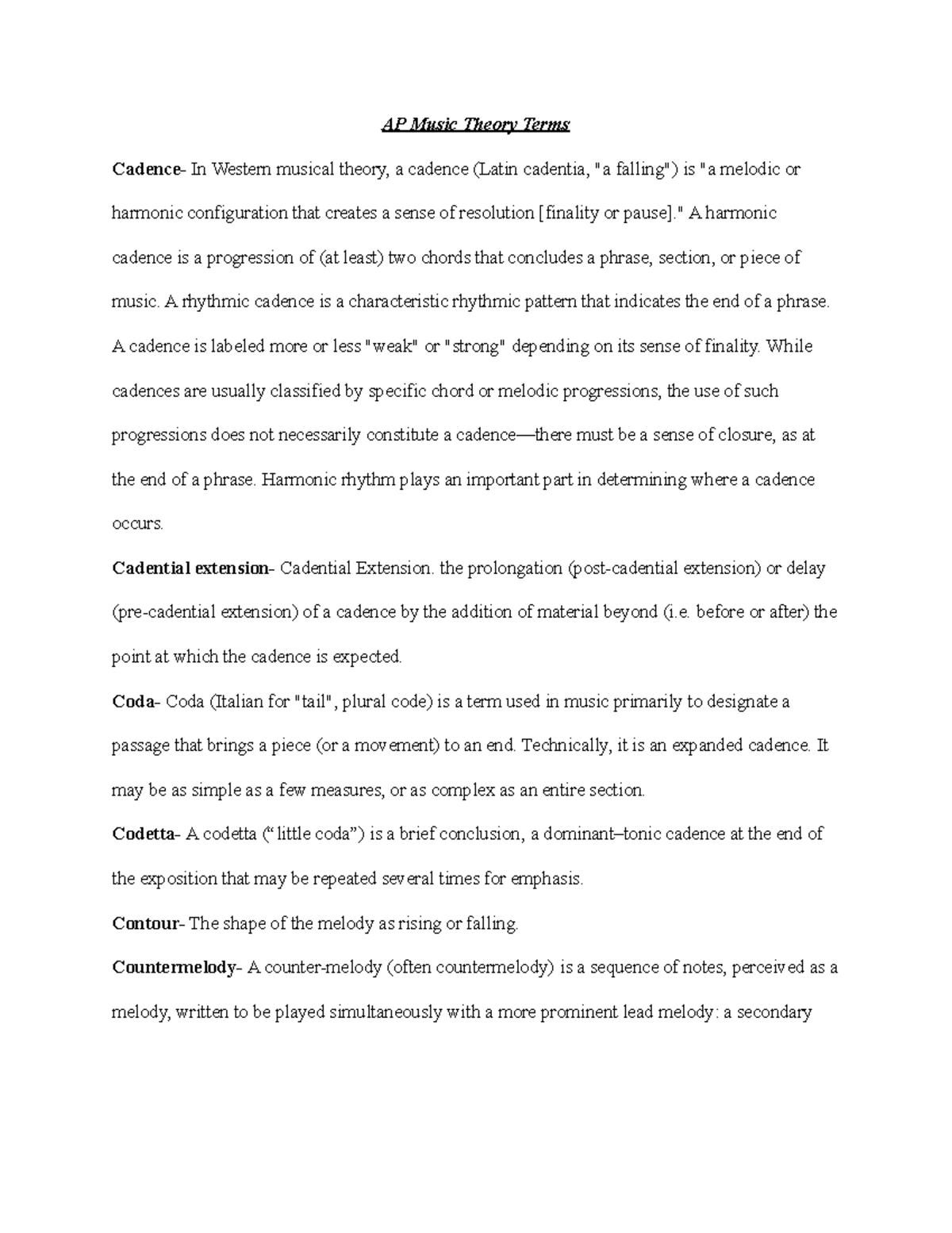 Music Theory Terms AP Music Theory Terms Cadence In Western musical