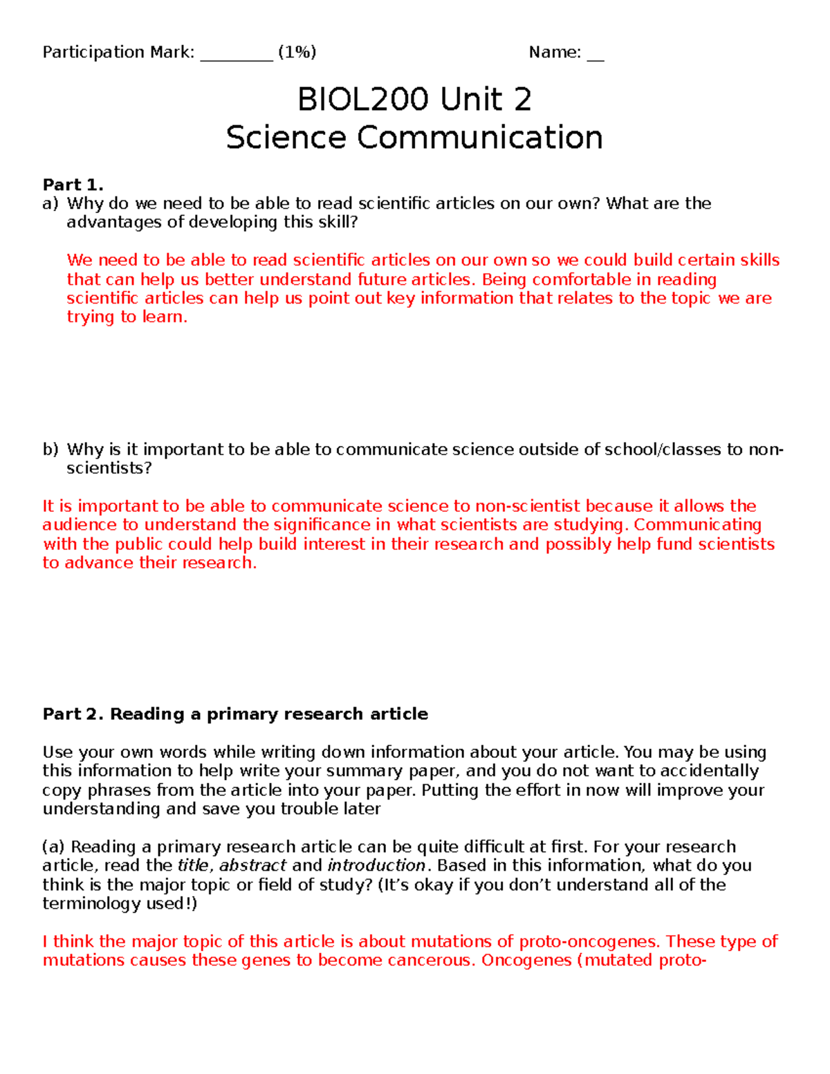 Biol200 Tutorial 3 Worksheet 1 Participation Mark 1