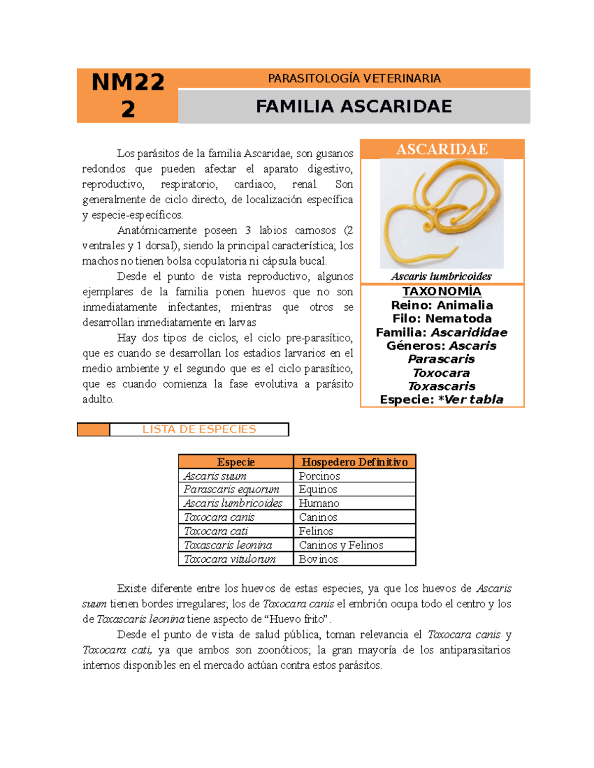 que es taxonomia en parasitologia