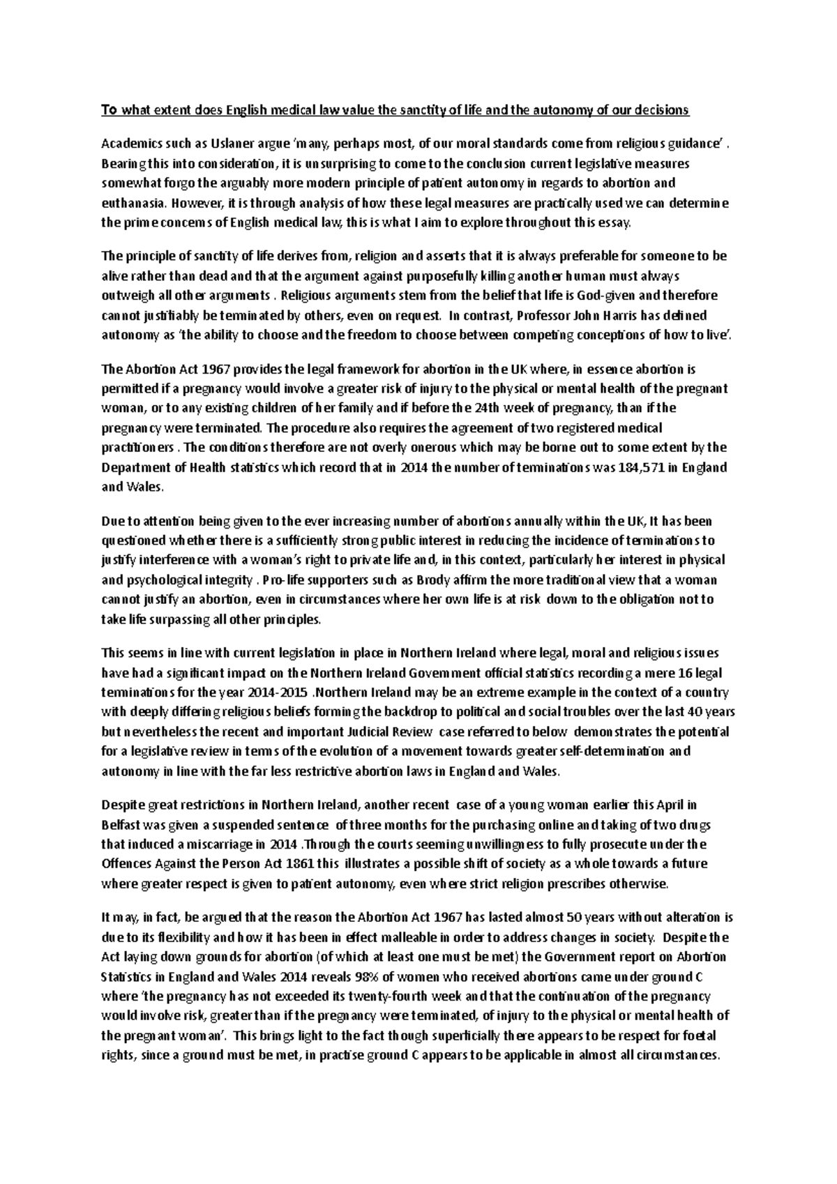 Sanctity of Life Essay - Grade: 2.1 - To what extent does English ...