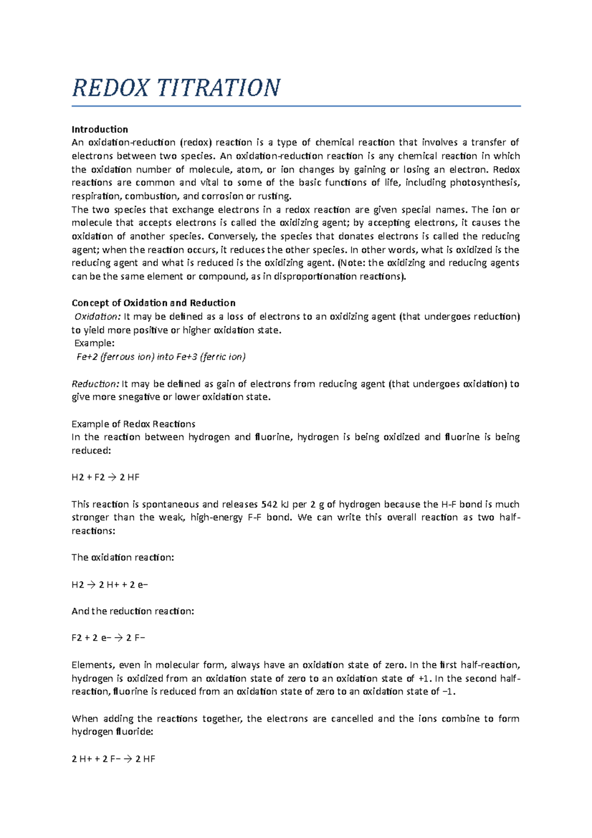 Redox Titration Redox Titration Introduction An Oxidation Reduction Redox Reaction Is A Type