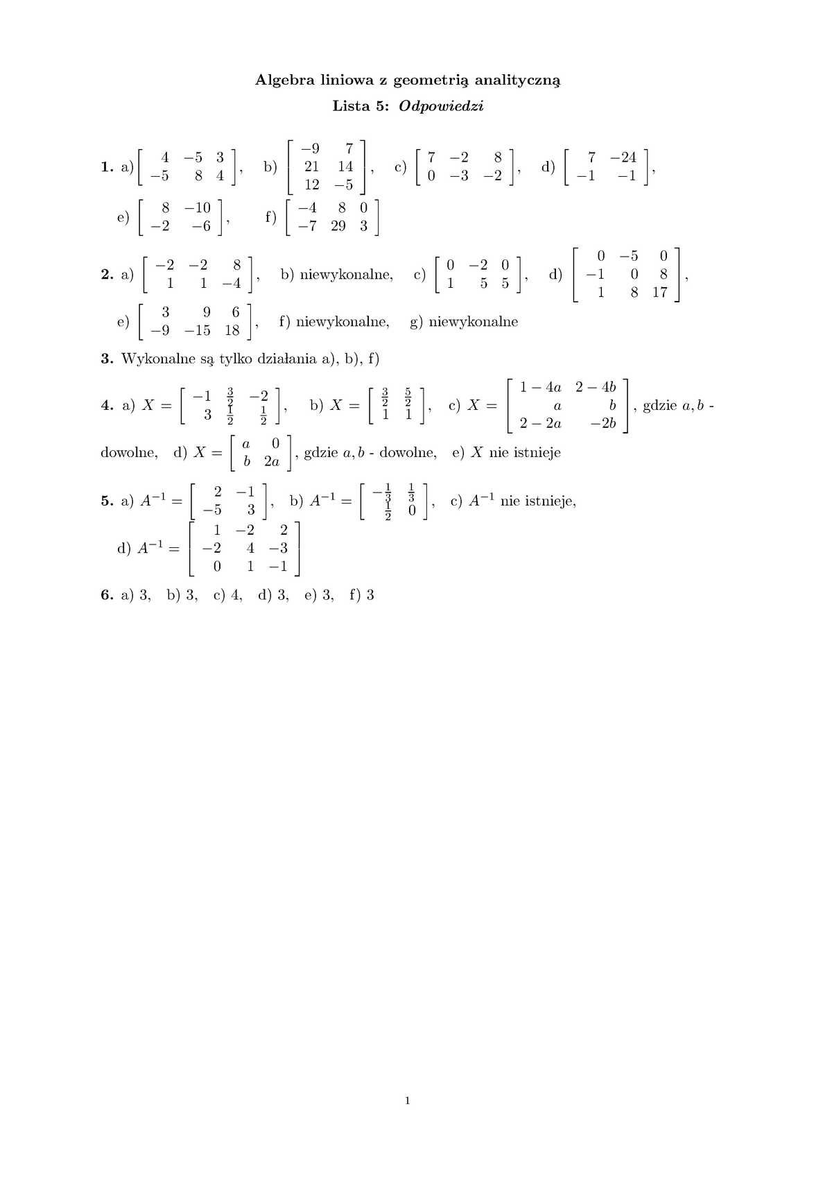 38 Lista 5 Odpowiedzi - Algebra Liniowa Z A A Lista 5: Odpowiedzi 7 7 8 ...