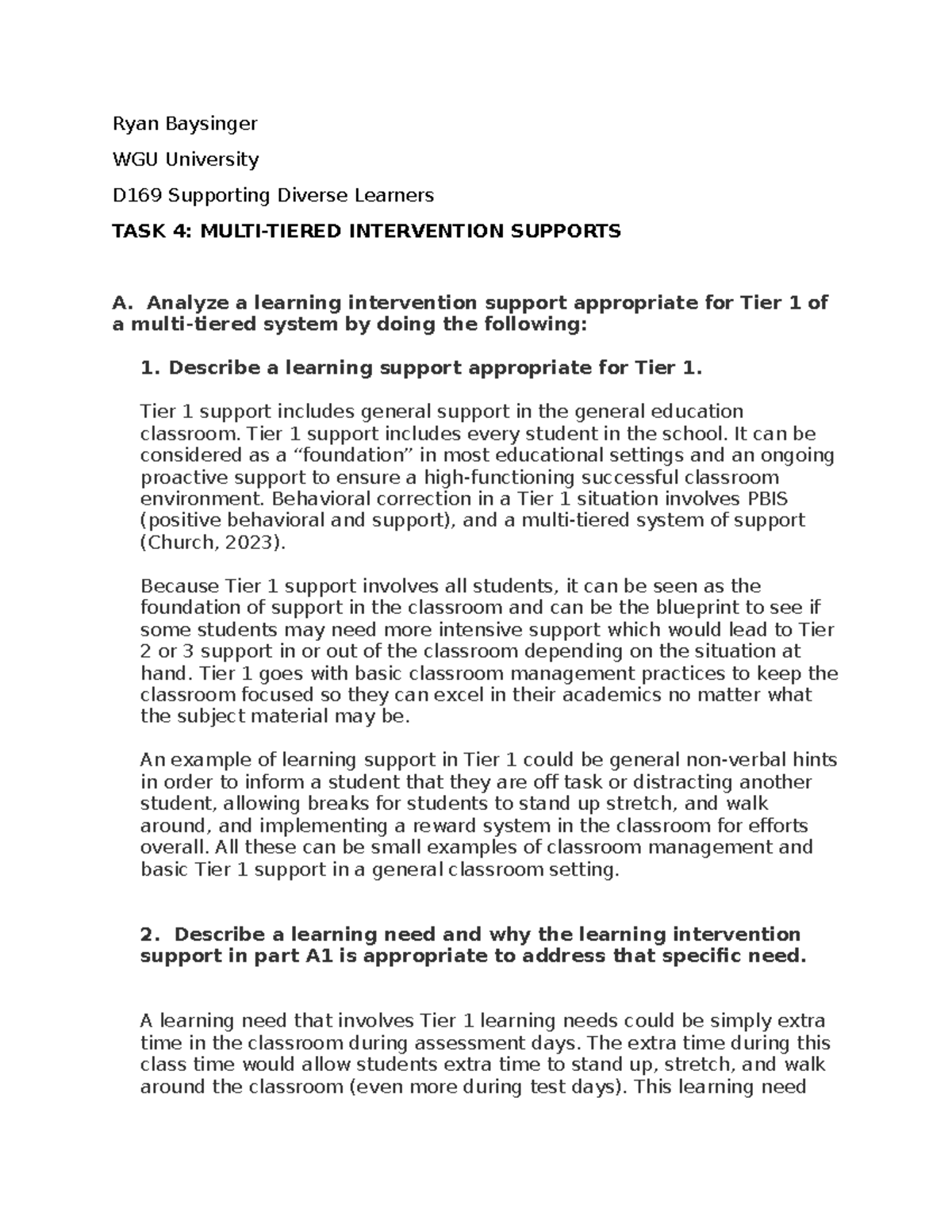 Task 4 D169 Ryan Baysinger WGU University D169 Supporting Diverse