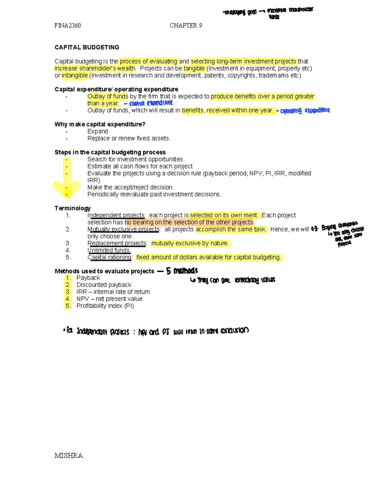 Chapter 9 - CAPITAL BUDGETING - FINA2360 CHAPTER 9 CAPITAL BUDGETING ...