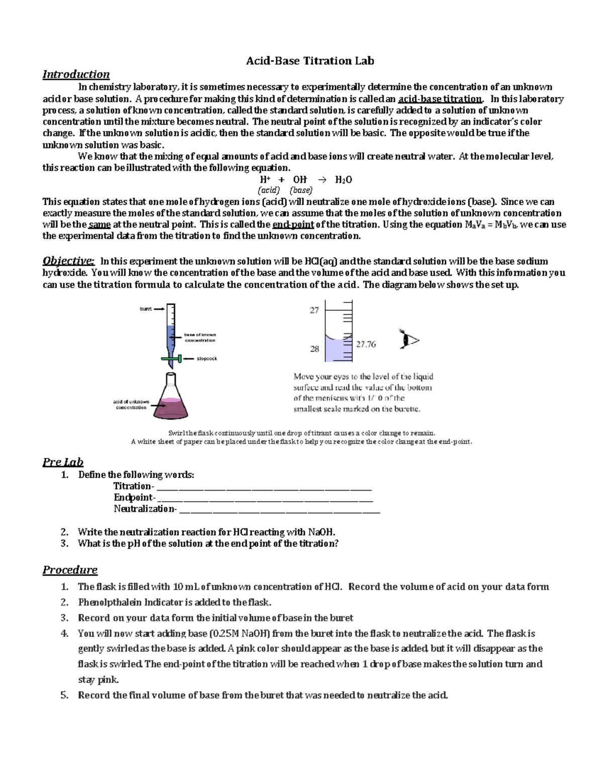 Lab virtual titration AcidBase Titration Lab Introduction In