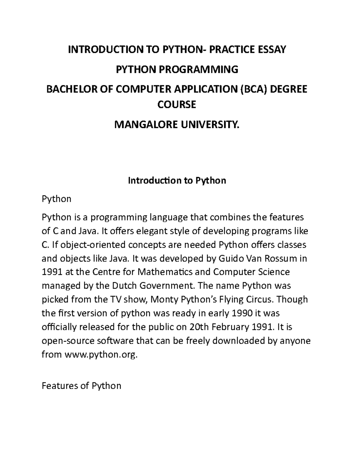 Introduction To Python INTRODUCTION TO PYTHON PRACTICE ESSAY PYTHON 