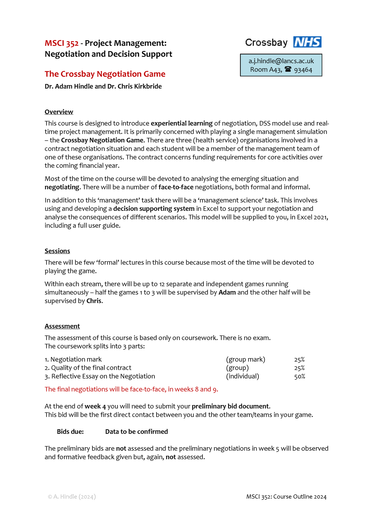 Management Science 352 Outline (2024) - © A. Hindle (202 4 ) MSCI 352 ...