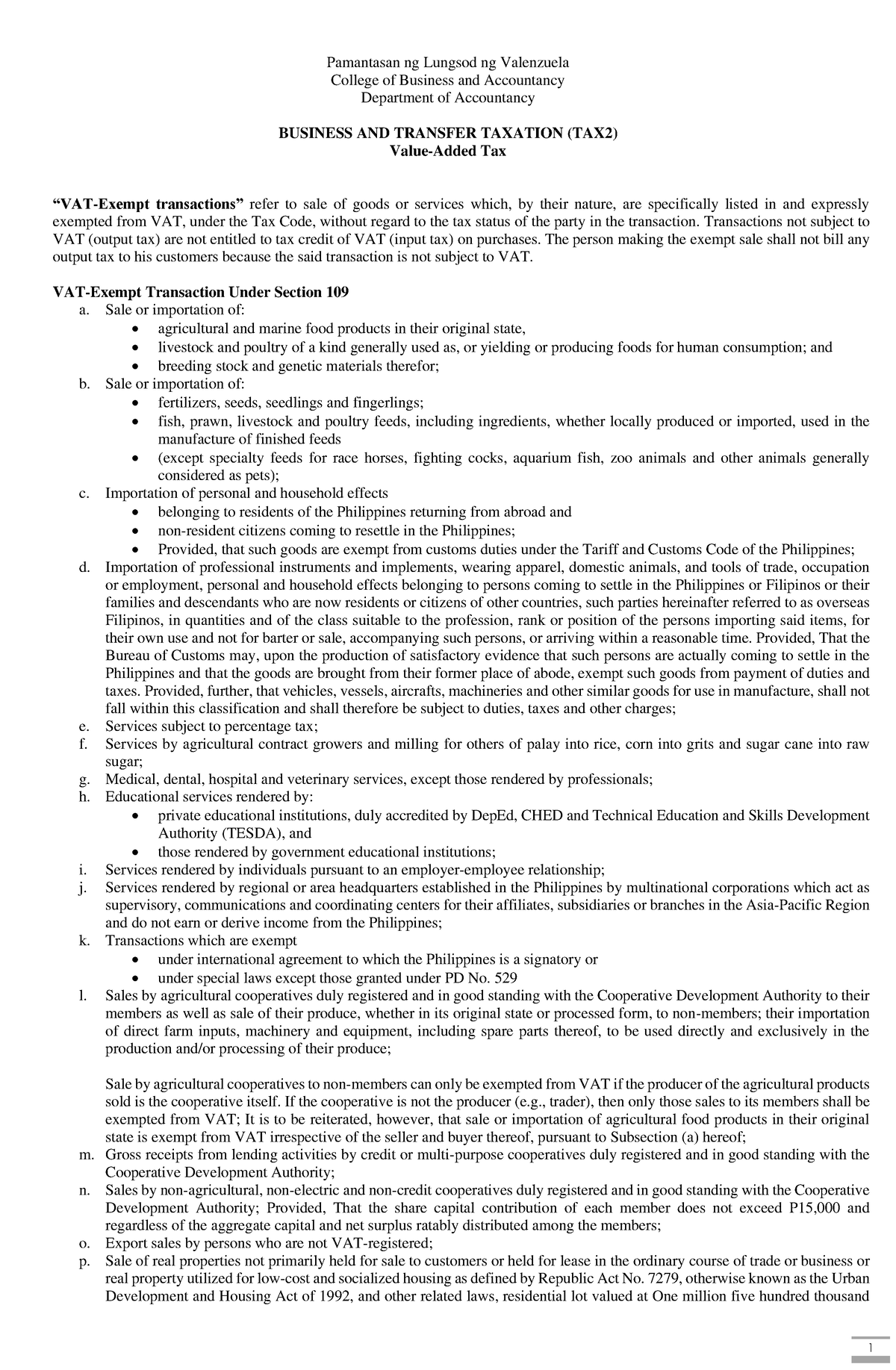 07 - vat - 1 Pamantasan ng Lungsod ng Valenzuela College of Business ...