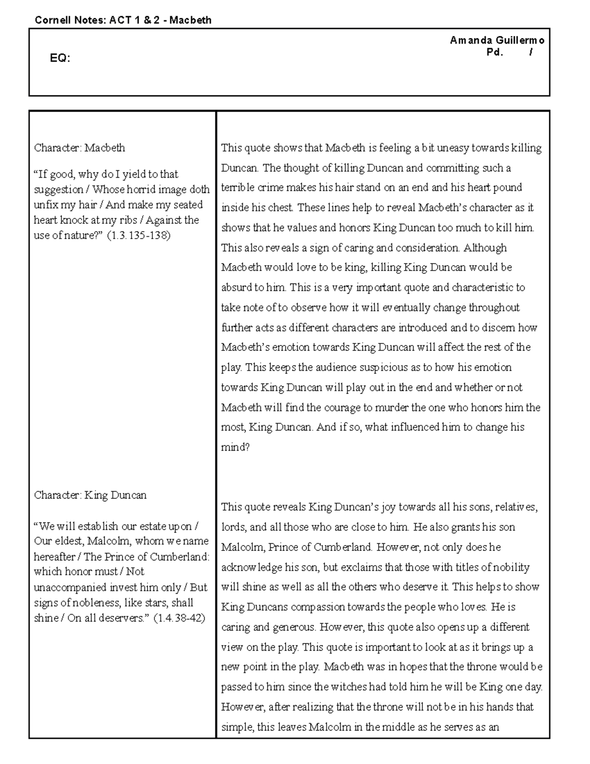 ACT 1 & 2 CN Macbeth - Cornell Notes: ACT 1 & 2 - Macbeth Amanda ...