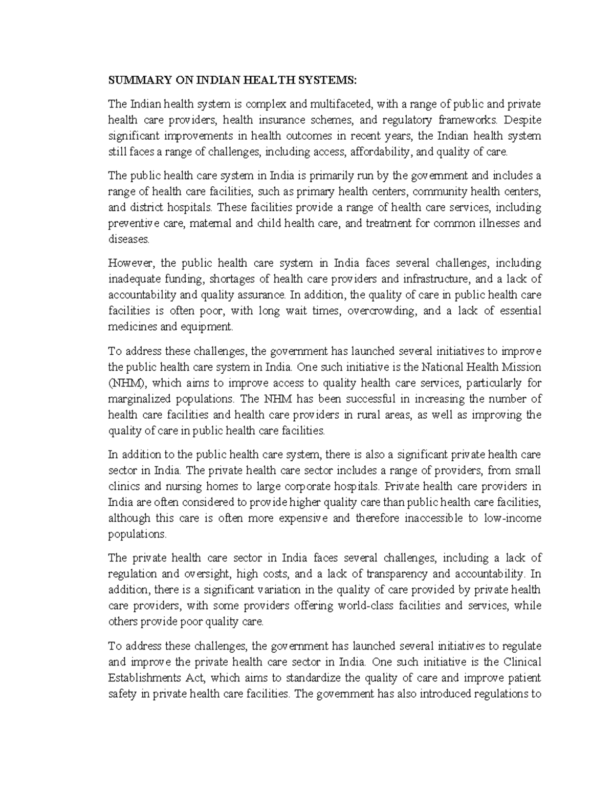 Summary ON Indian Health Systems SUMMARY ON INDIAN HEALTH SYSTEMS