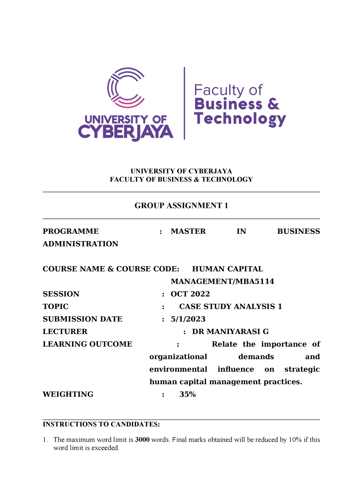 MBA 5114 HCM Assignment 1 - UNIVERSITY OF CYBERJAYA FACULTY OF BUSINESS ...