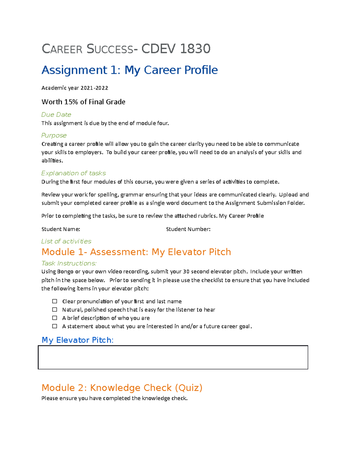 CDEV1830 Career Success Assignment 1 My Career Profile - CAREER SUCCESS ...