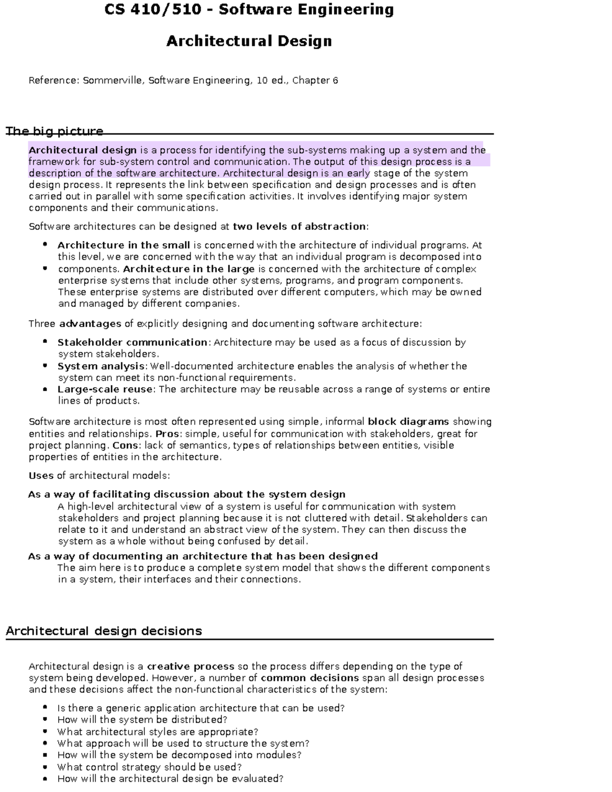Architectural Design - CS 410/510 - Software Engineering Architectural ...