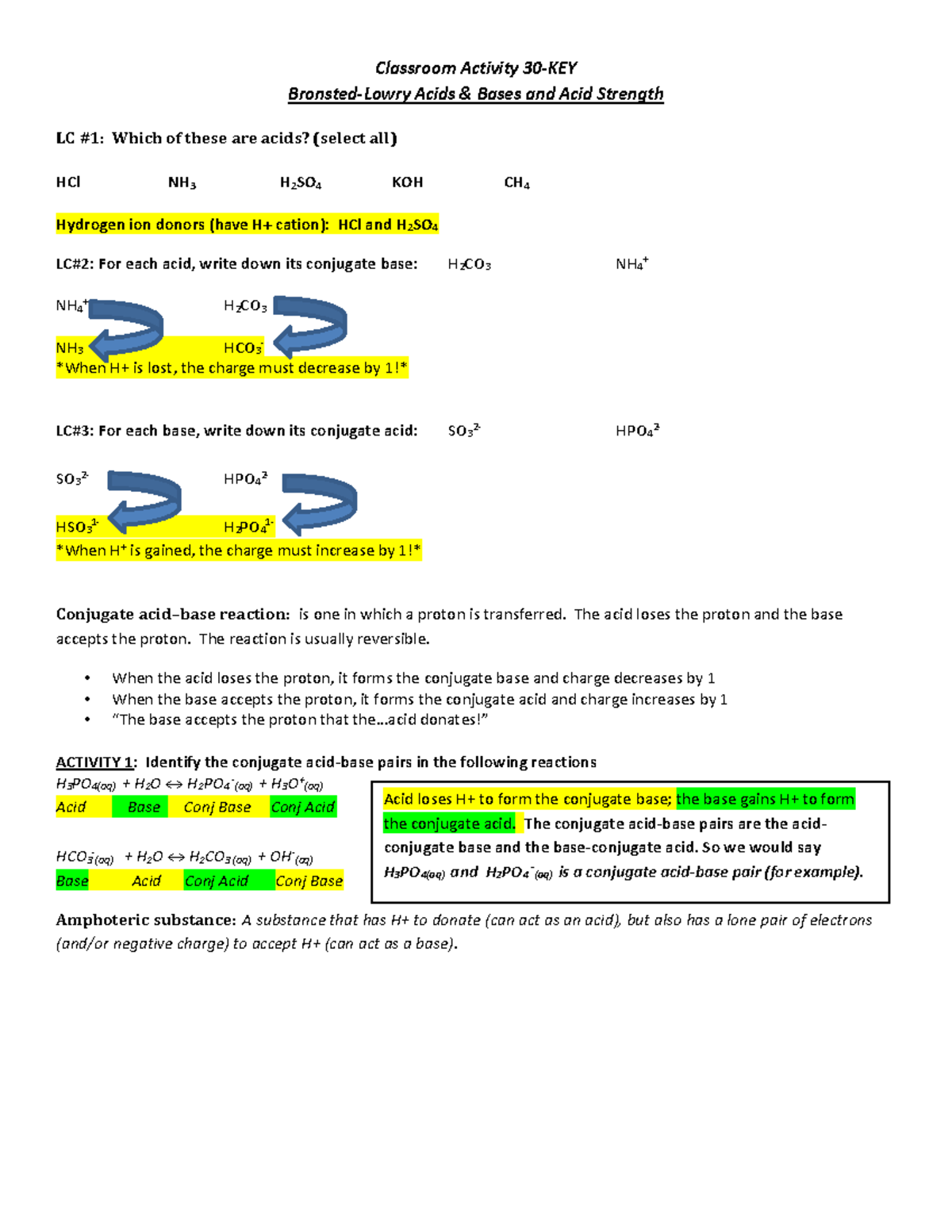 KEYActivity 30 - Exam 4 review, practice, coursework - Classroom Activity 30-KEY Bronsted-Lowry ...