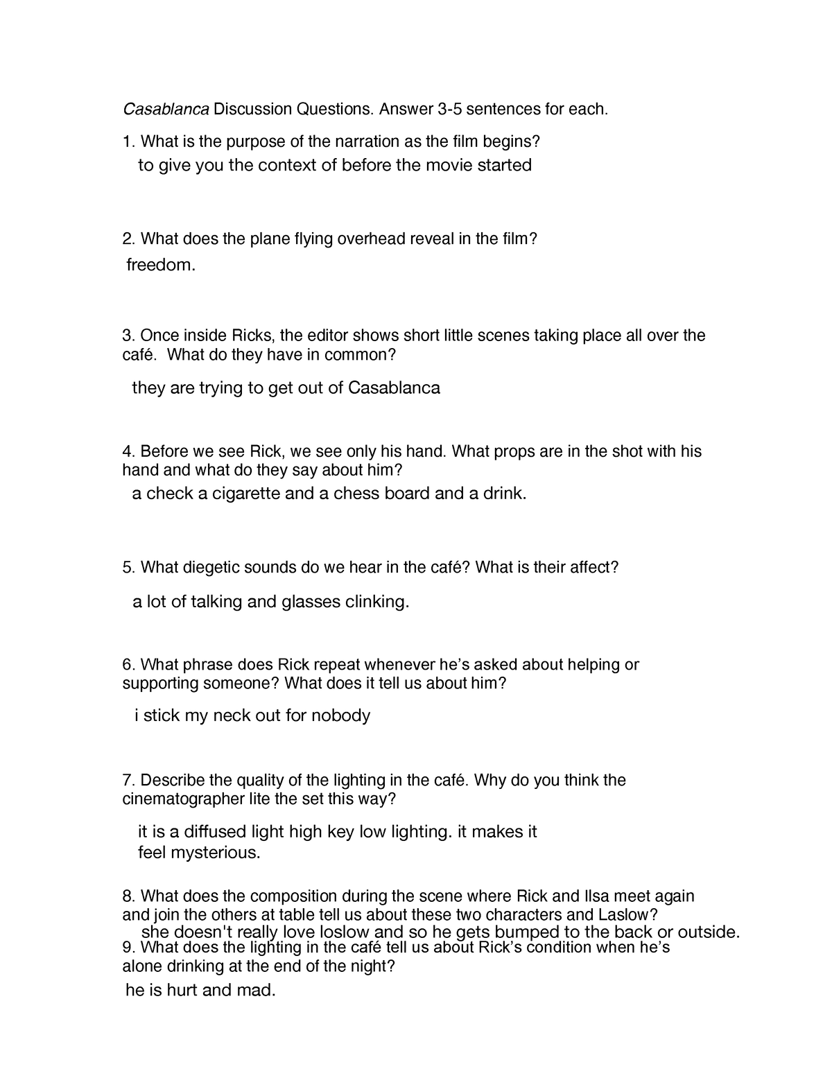 Casablanca - good - Casablanca Discussion Questions. Answer 3-5 ...