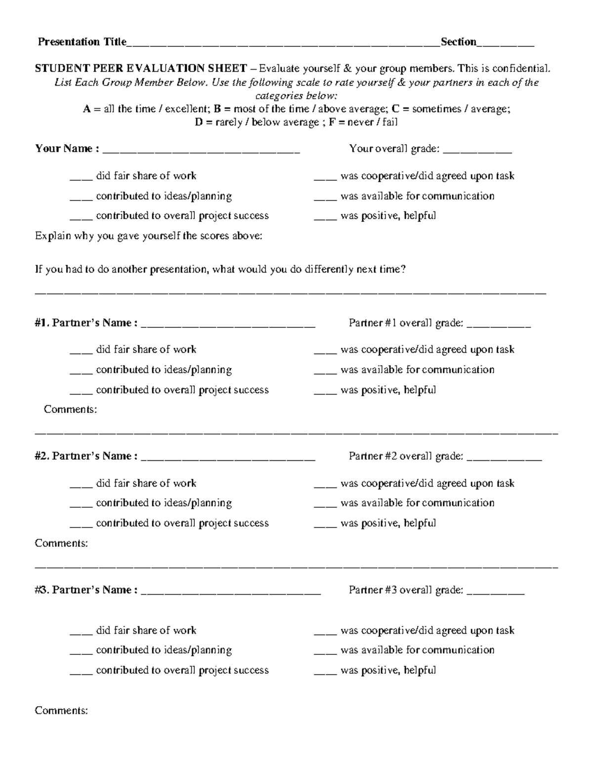 Student PEER Evaluation Sheet v4 - Presentation - Studocu
