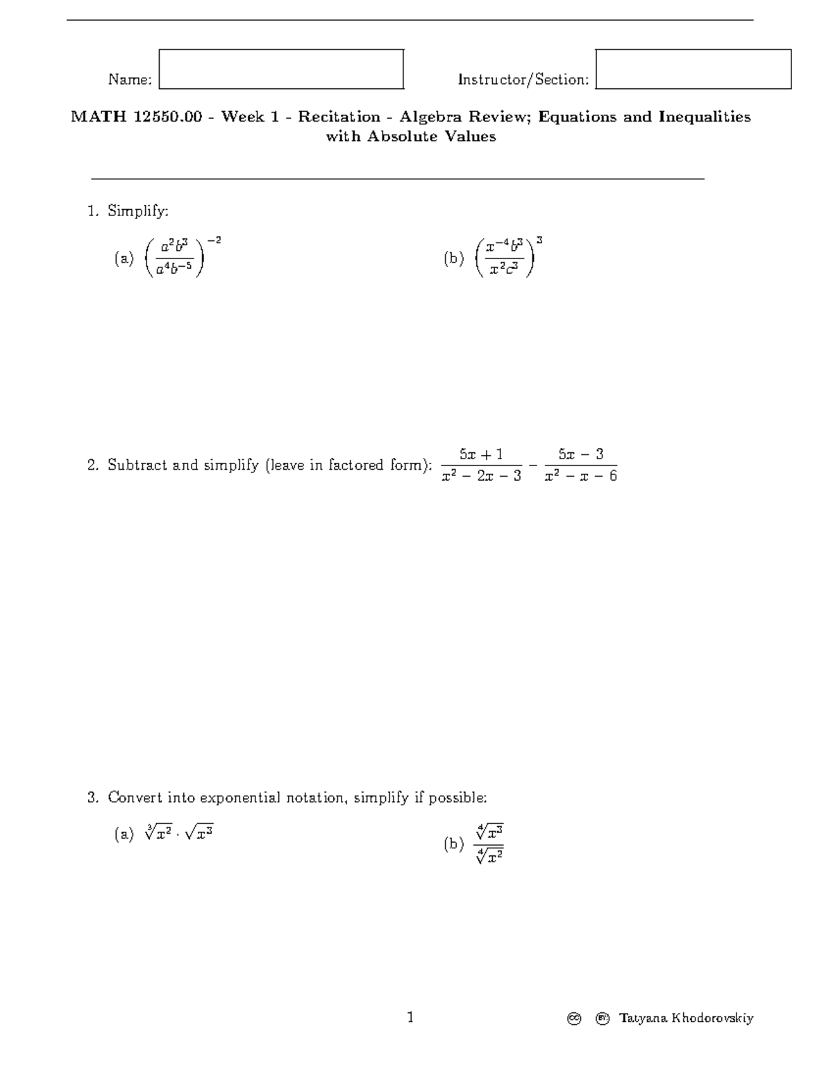 Recitation Homework #1 - Name: Instructor/Section: MATH 12550 - Week 1 ...