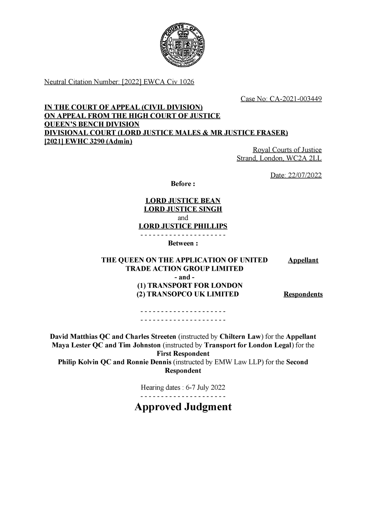 UTAG v Tf L Judgment - Judgement - Neutral Citation Number: [2022] EWCA ...