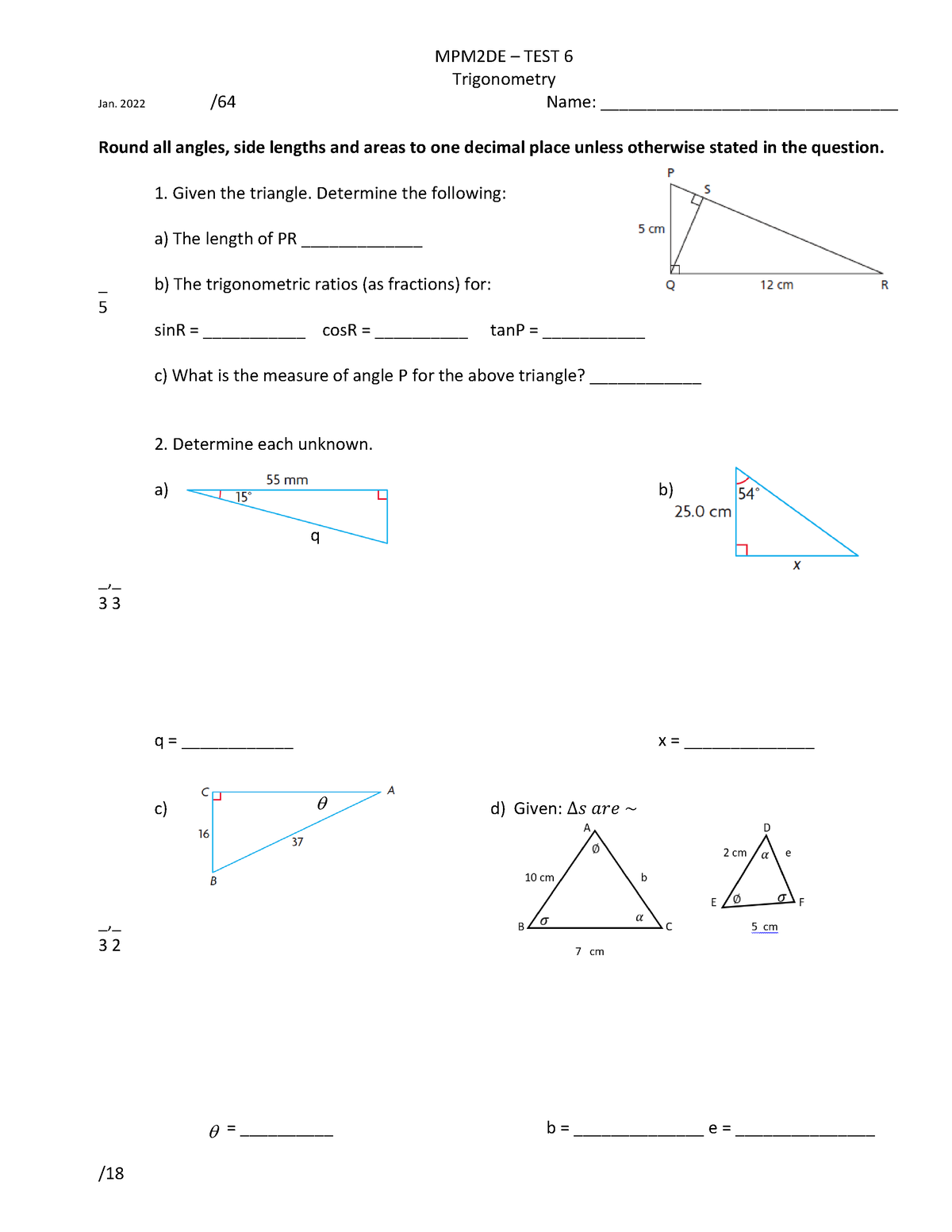 Grade 10 Math Test Trig - Good Math Test study guide - MPM2DE – TEST 6 ...