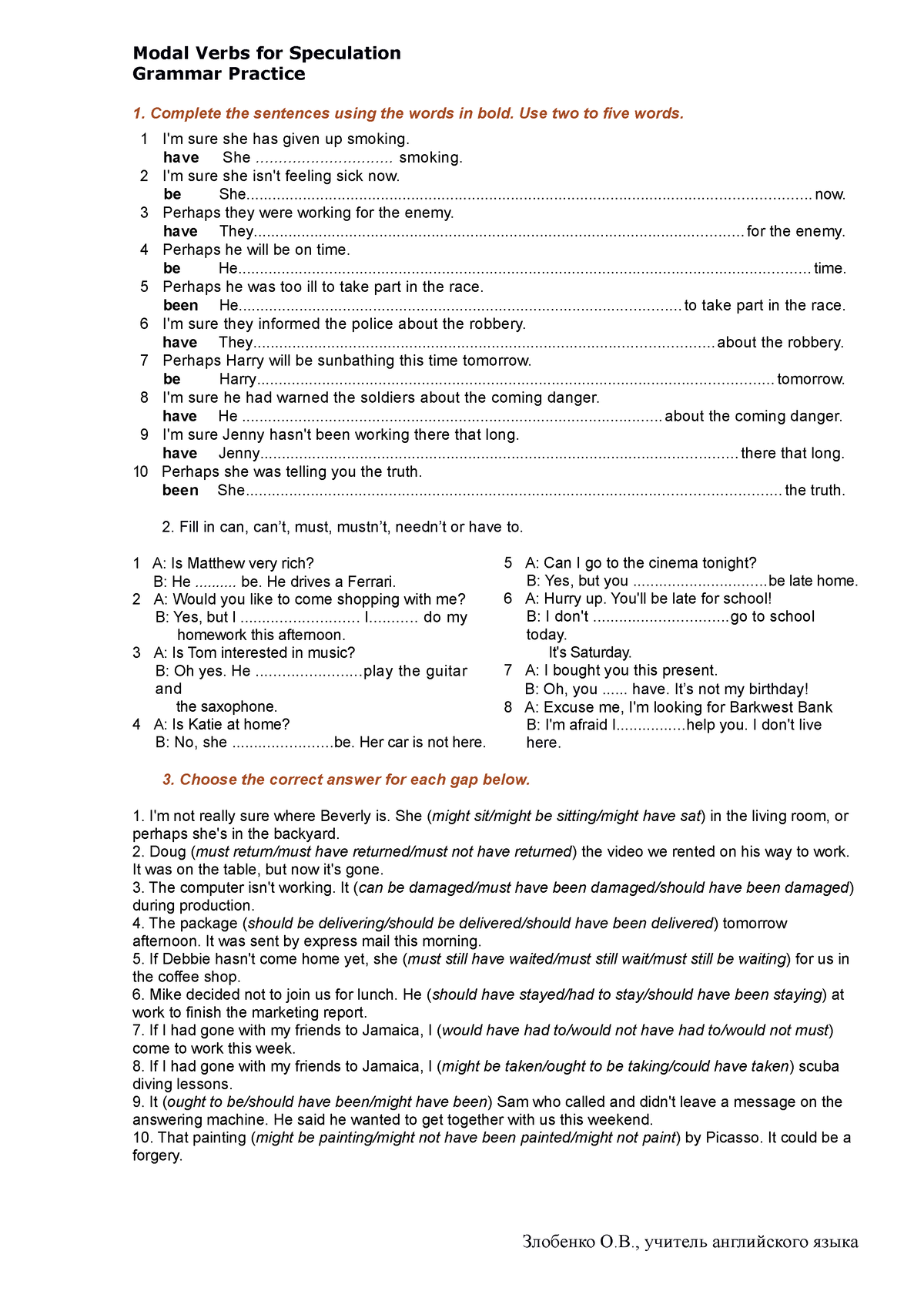 Modals speculation Modal Verbs for Speculation Grammar Practice