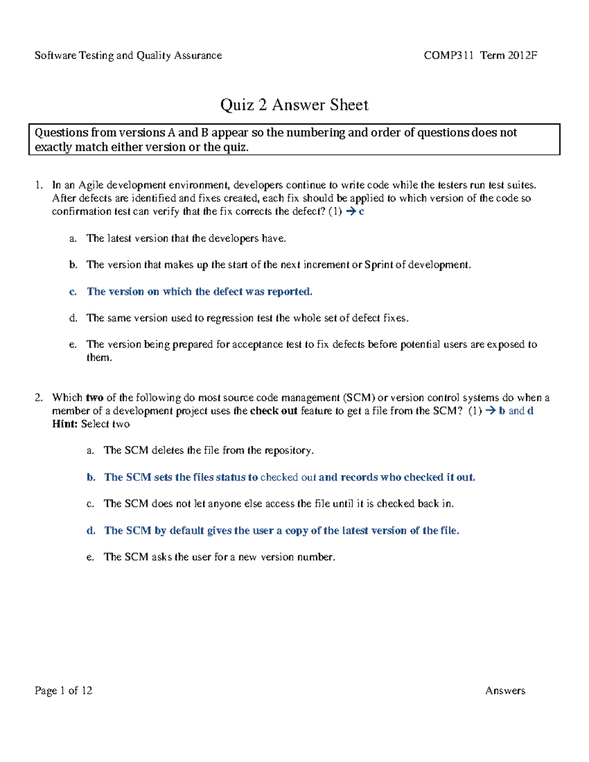 Quiz 2016, Questions And Answers - Software Testing And Quality ...