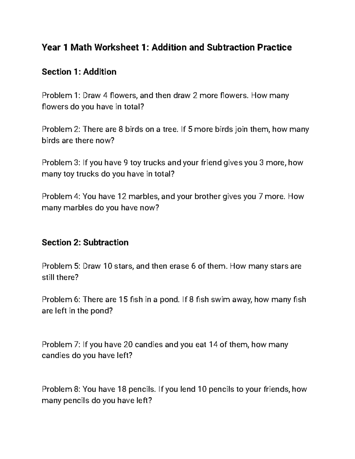 Year 1 Math Worksheet - Year 1 Math Worksheet 1: Addition and ...