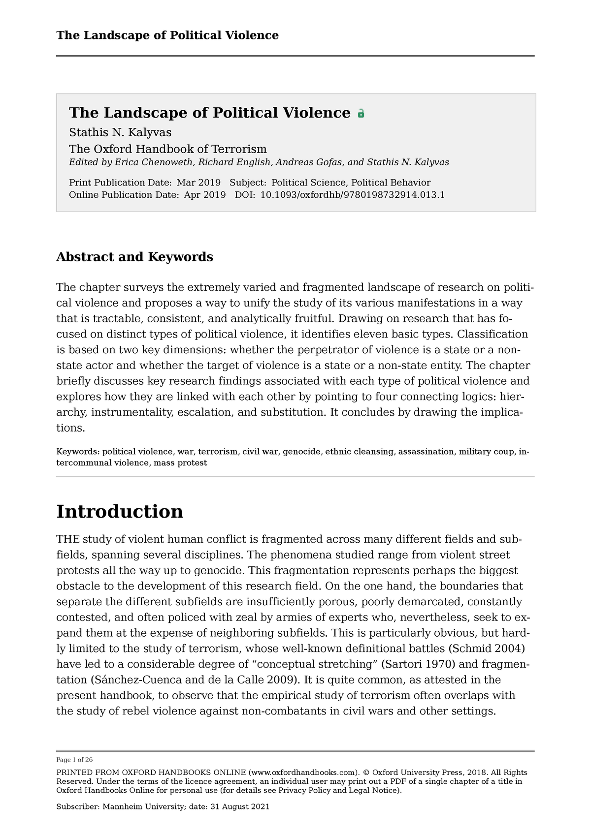 Kalyvas The Oxford Handbook Of Terrorism 2019 - Page 1 Of 26 PRINTED ...