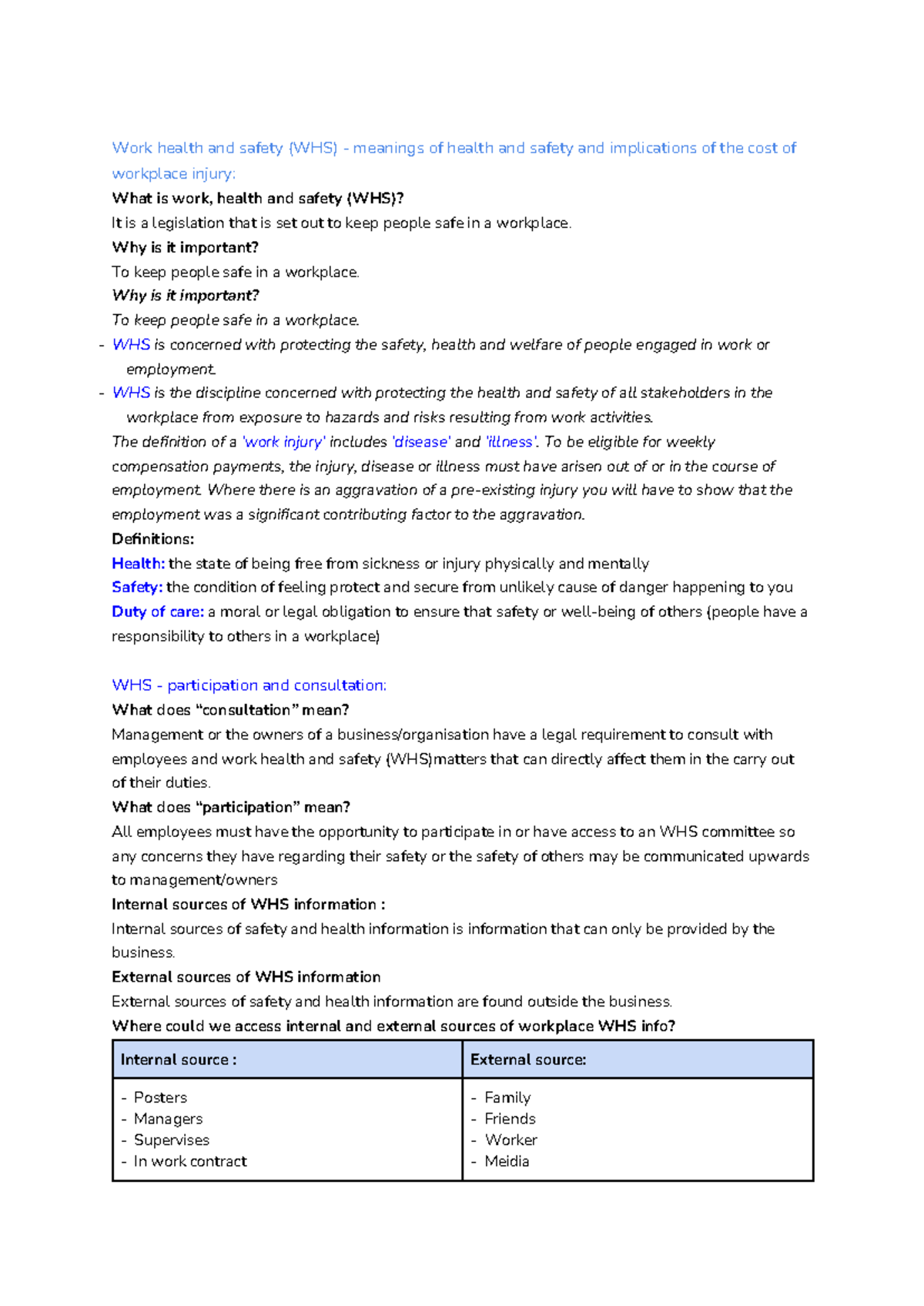 WHS - Covers all WHS in the business environment - Work health and ...