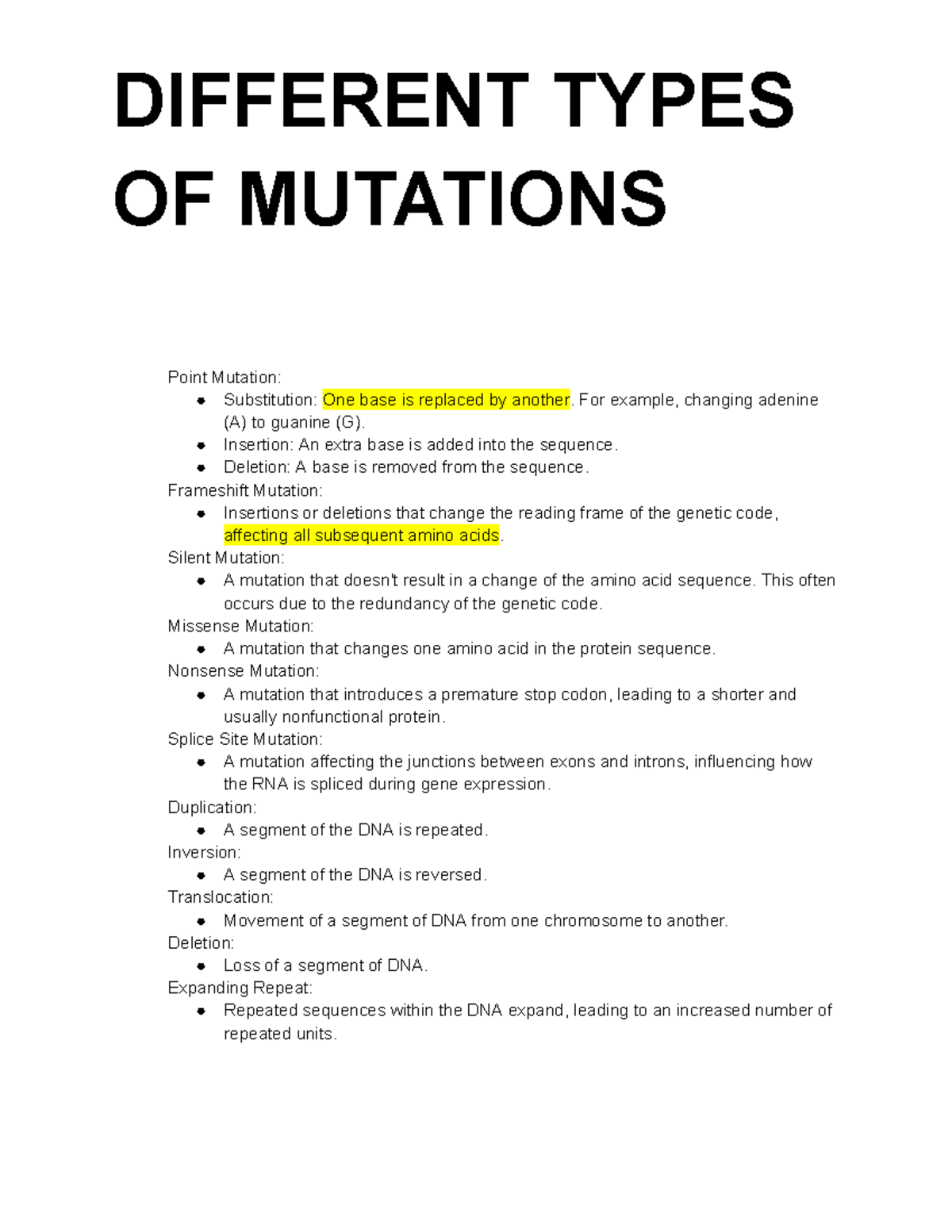 Different Types OF Mutations DIFFERENT TYPES OF MUTATIONS Point