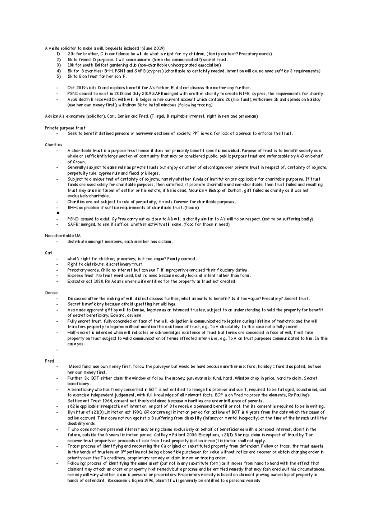 Equity and Trust problem question outline A visits solicitor to make
