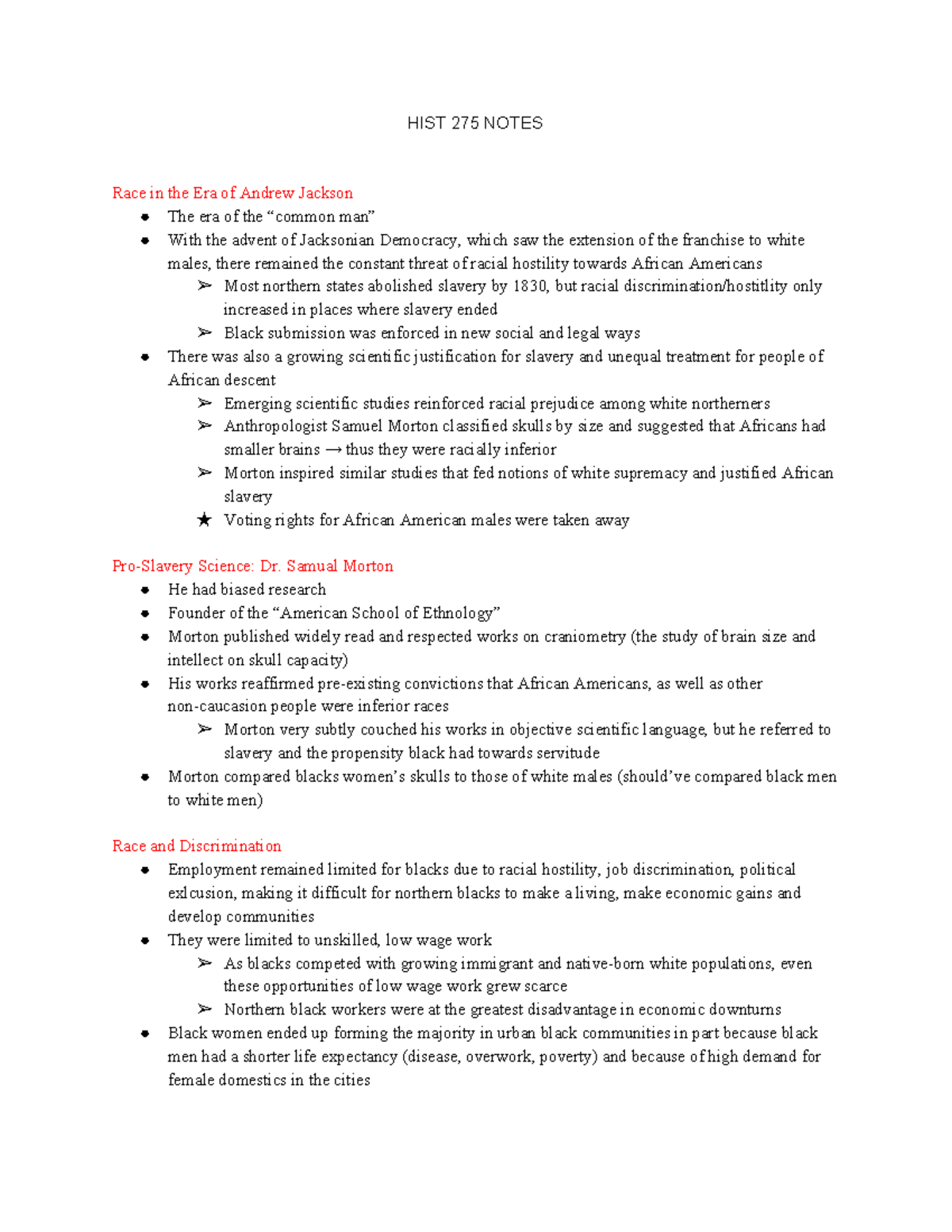 HIST 275 Notes Session 1 - HIST 275 NOTES Race in the Era of Andrew ...