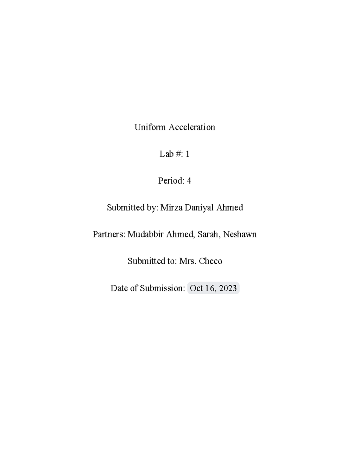 Physics Lab1 Uniform Acceleration Lab 1 Period 4 Submitted by