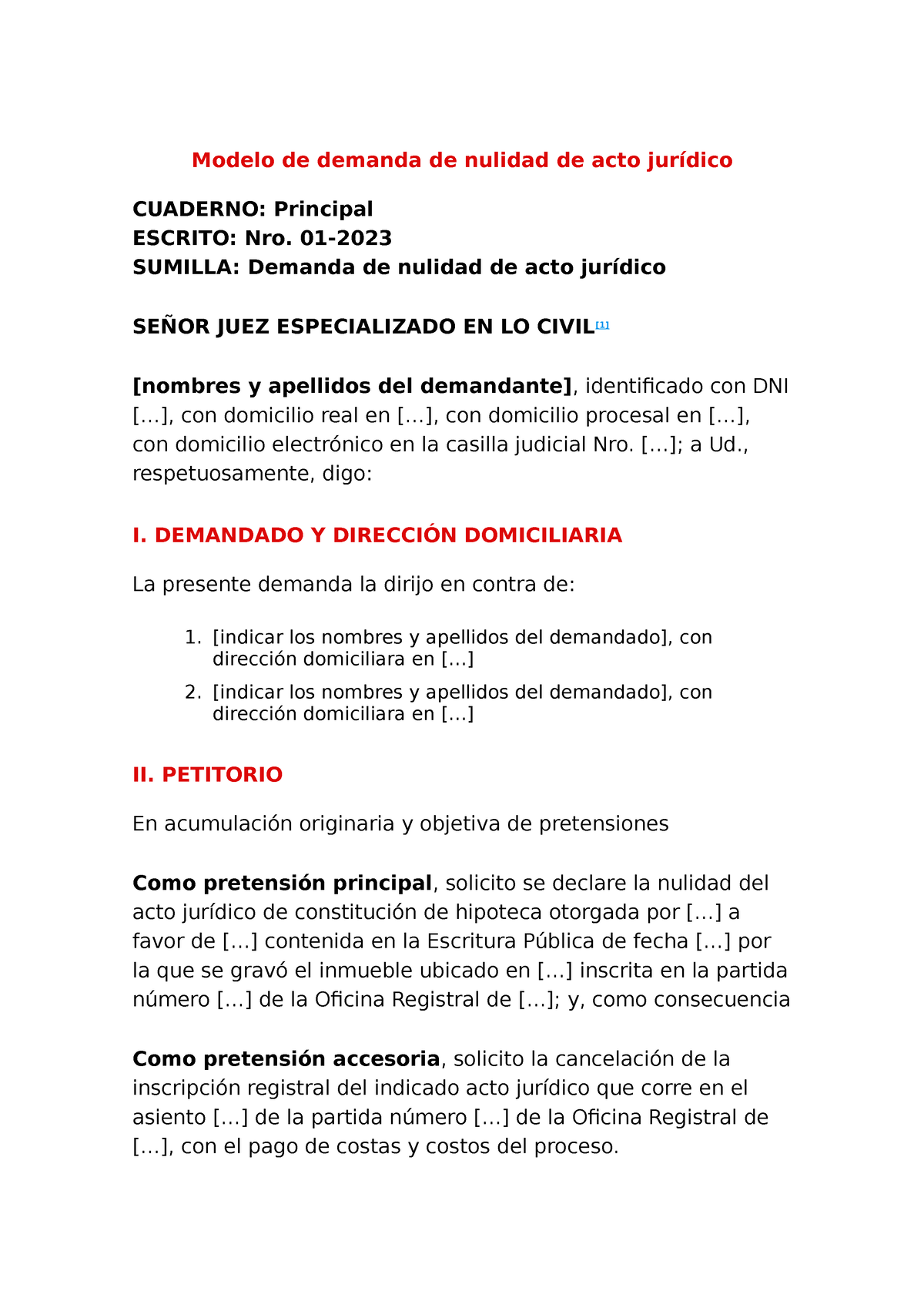 2 Modelo De Demanda De Nulidad De Acto Jurídico Modelo De Demanda De Nulidad De Acto 9328