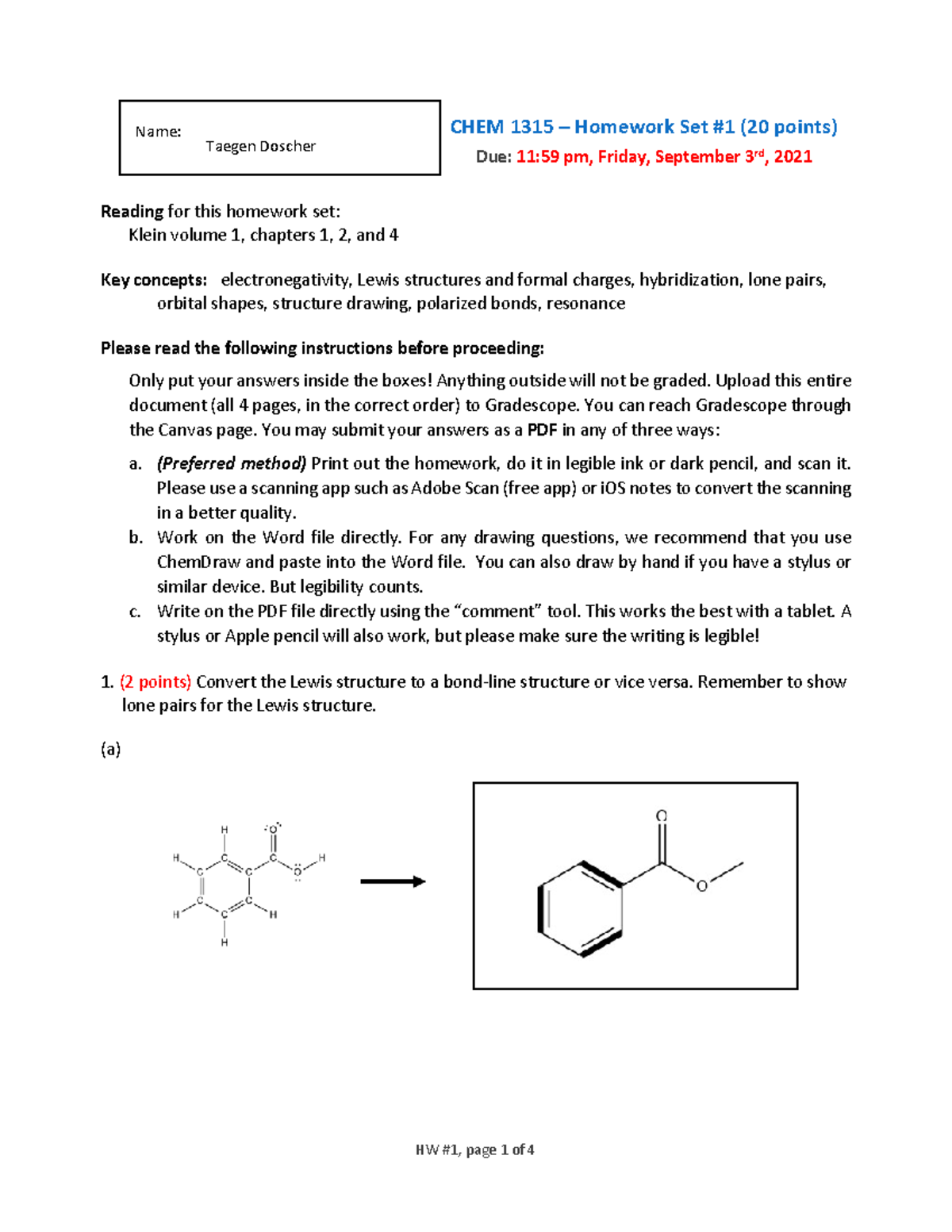 Chem 1315 Hw1 Doscher Chem 1315 Homework Set 1 20 Points Due 11 59 Pm Friday September