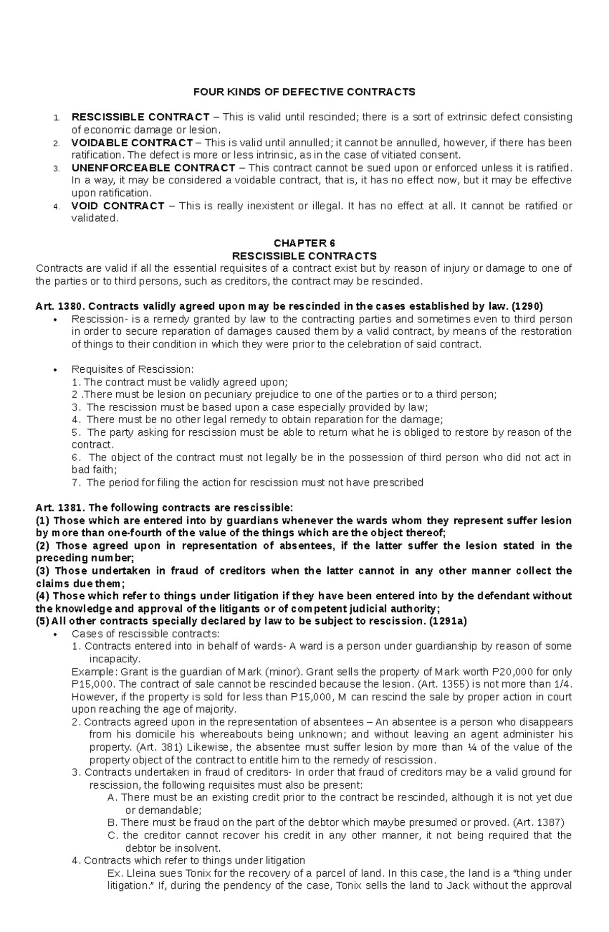 Defective contracts mahari - Obligations and Contracts - MSU Main - Studocu