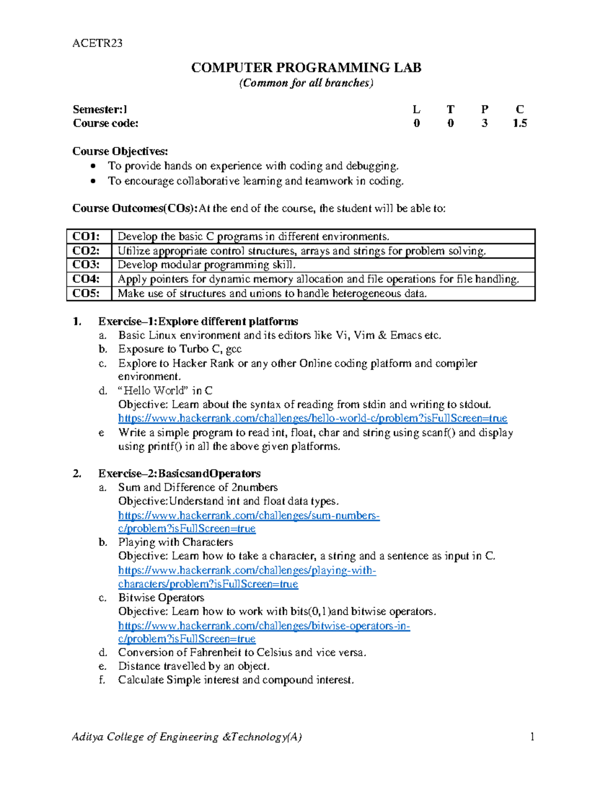 CP Lab Syllabus - COMPUTER PROGRAMMING LAB (Common for all branches ...