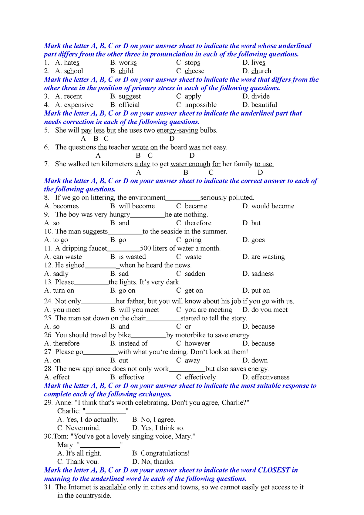 đề 3 - đề tiếng anh 9 - Mark the letter A, B, C or D on your answer ...