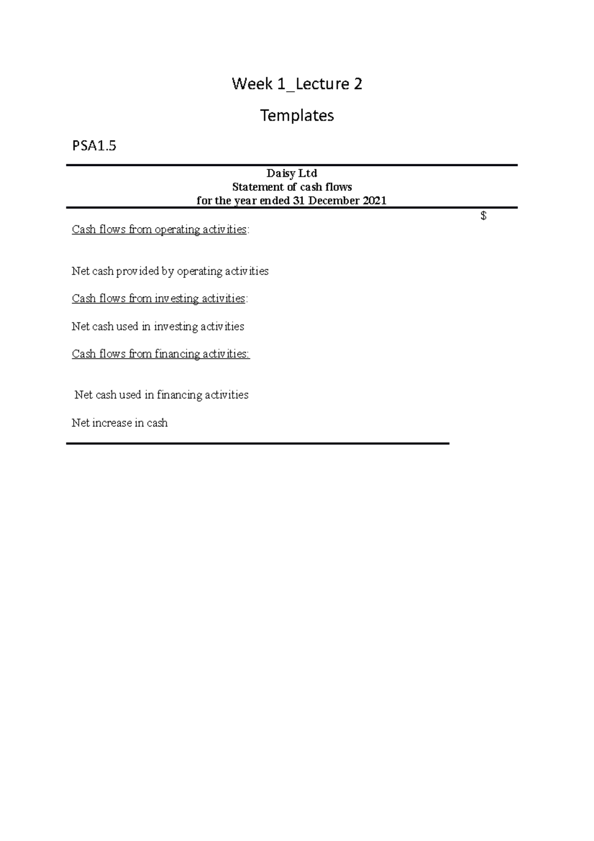 Week 1 Lecture 2 - Week 1_Lecture 2 Templates PSA1. Daisy Ltd Statement ...