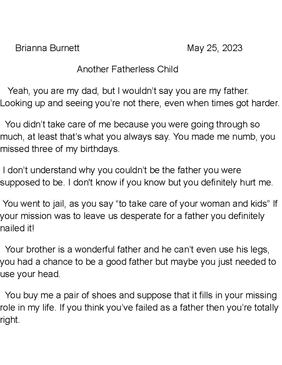 Another Fatherless Child By Brianna Burnett - ENG32 - Harvard - Studocu