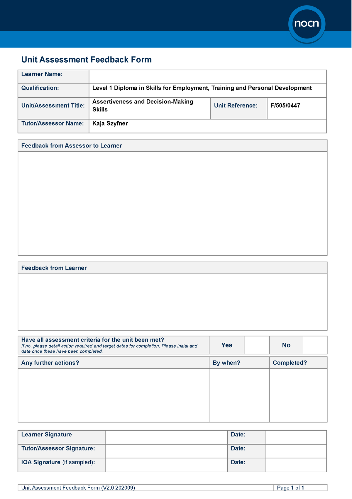Assertiveness Assessment Feedback Form(V2 - Unit Assessment Feedback ...