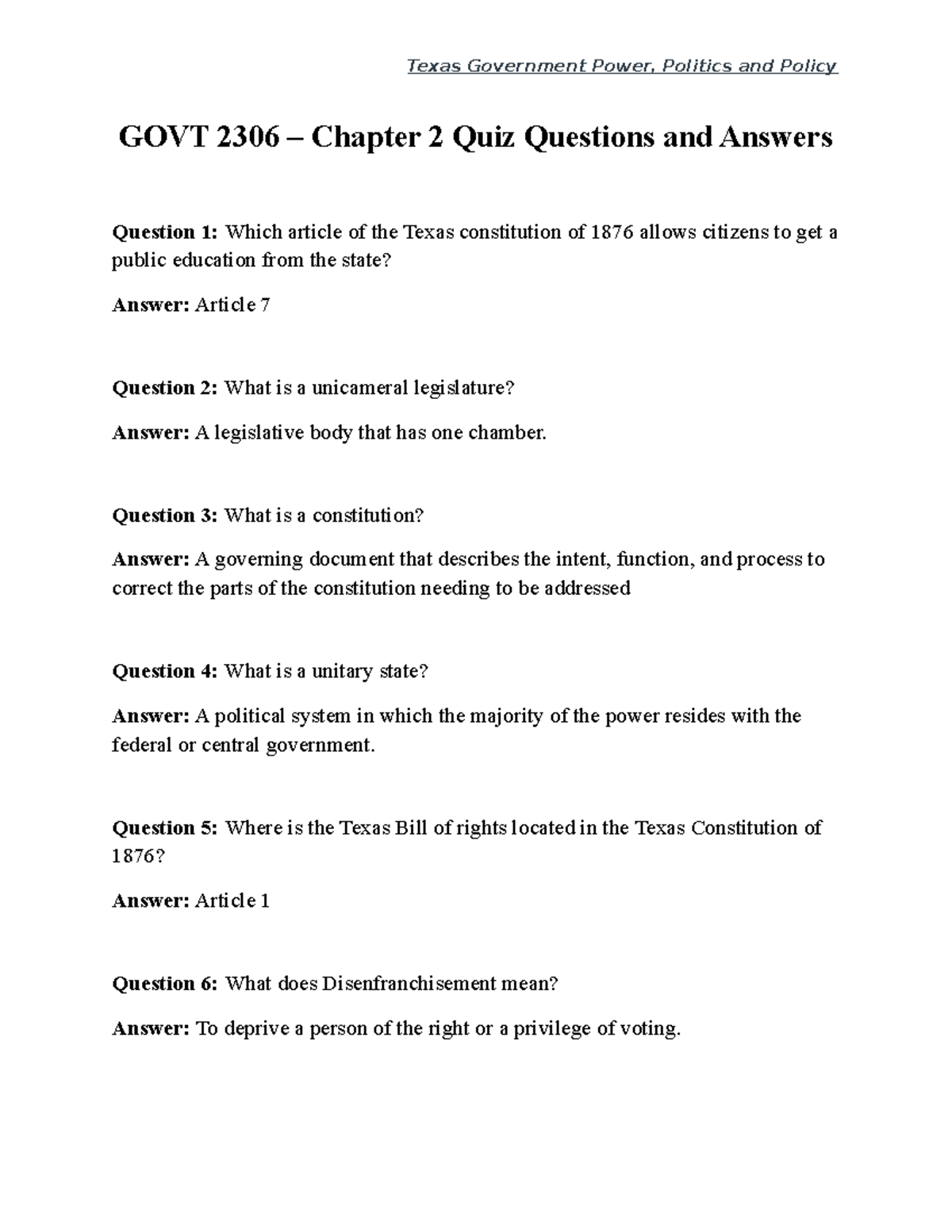 GOVT-2306 Chapter 2 Quiz Questions And Answers - GOVT 2306 – Chapter 2 ...