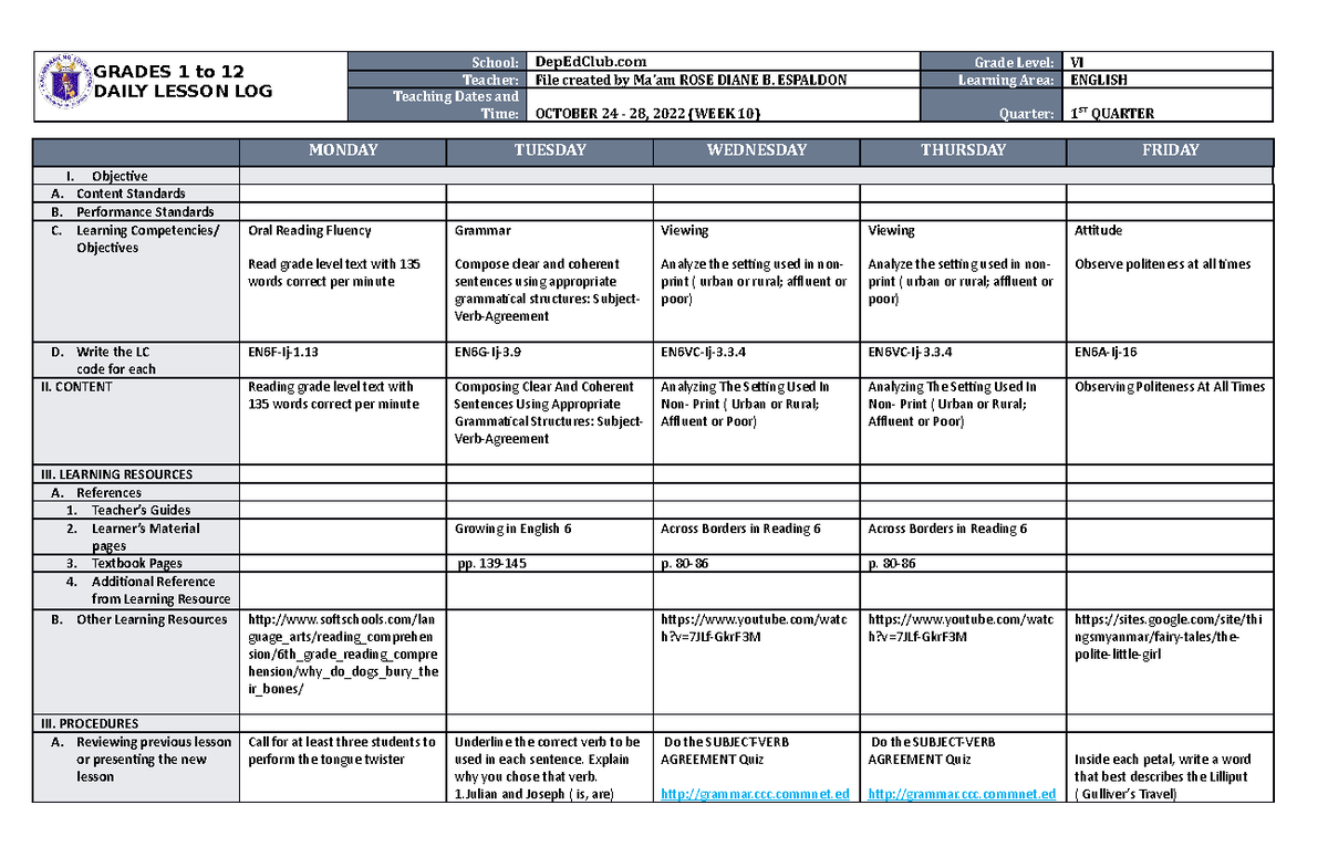 DLL English 6 Q1 W10 - na na na na na na na na na - GRADES 1 to 12 ...