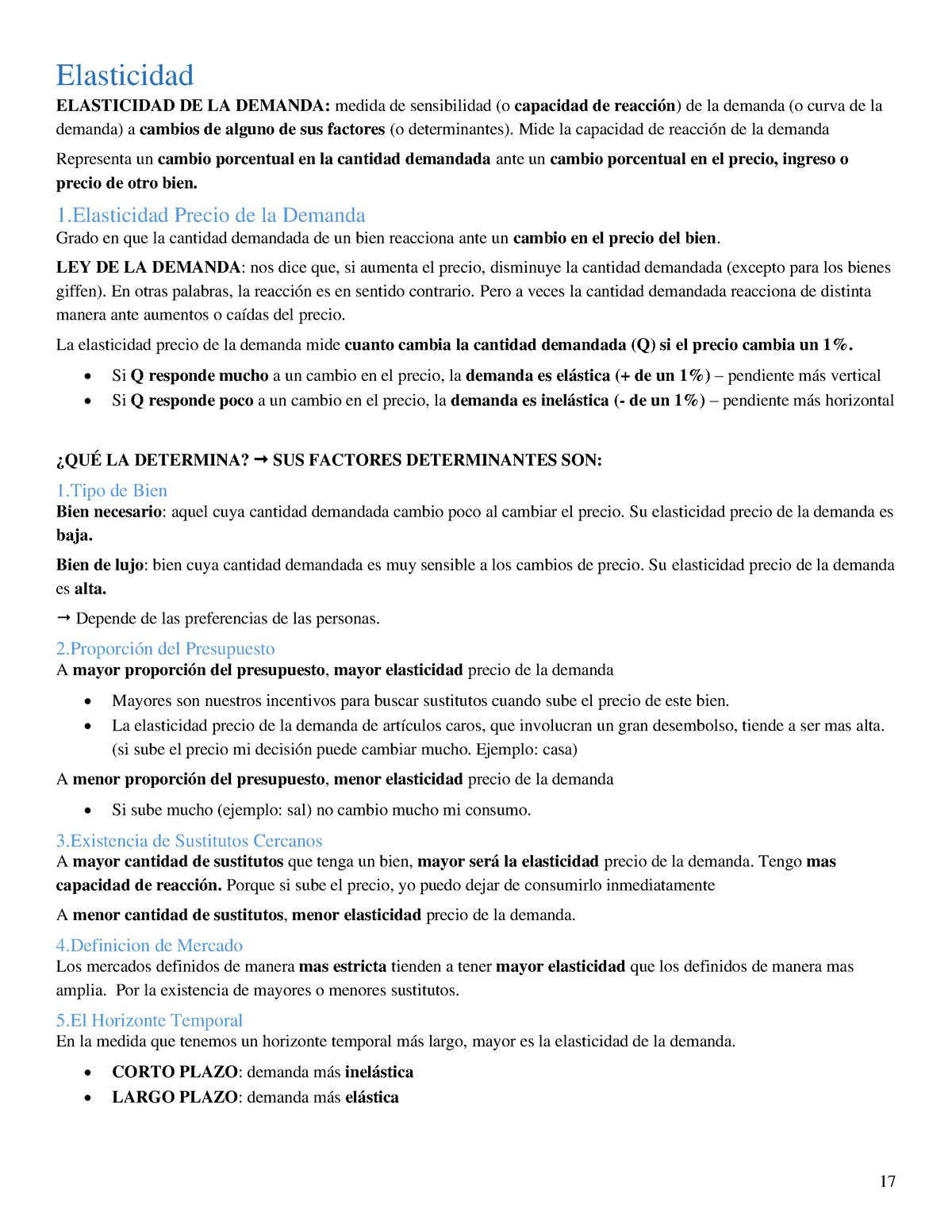 Resumen principios de microeconomia - Elasticidad ELASTICIDAD DE LA ...